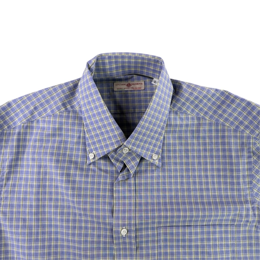 Luciano Barbera Button Down Shirt Mens L Blue Yellow Plaid Cotton Made in Italy